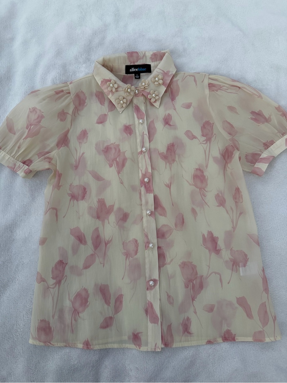 Alice Blue Sheer Cream Blouse with Pink Floral Print and Pearl Collar Size M